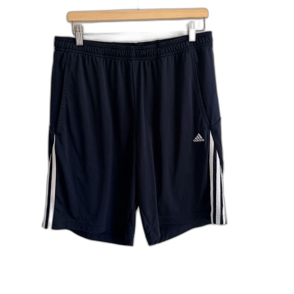 Adidas Mens Large Navy Blue 3 Stripe Athletic Training Shorts 9" Inseam